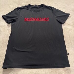 Monastery Couture Shirt Mens Large Black Logo Spellout Designer Tee Short Sleeve